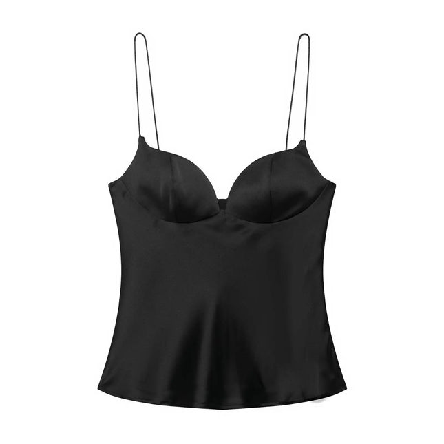 Autumn Satin Textured Black Sling Tops Women Elegant V-neck Backless Tops Shirt Women Sexy Tops Club Party Tanks 2025 New