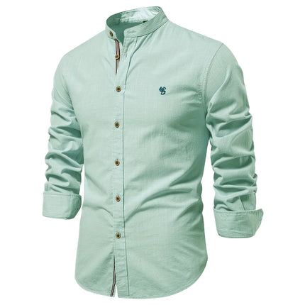 New Trendy Cotton-Linen Men's Business Shirt, Fashionable Solid Color Long-Sleeved Top.