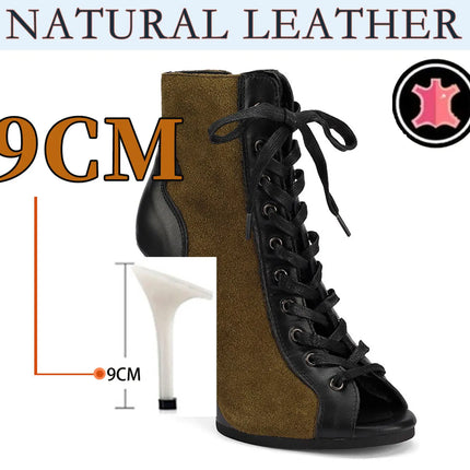 Women Heels Lace-up Black Apricot Boot Stilettos Jazz Dance Lady Shoes For Latin Dancing Outdoor Sexy Stilettos Natural Leather