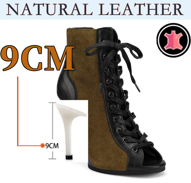 Women Heels Lace-up Black Apricot Boot Stilettos Jazz Dance Lady Shoes For Latin Dancing Outdoor Sexy Stilettos Natural Leather
