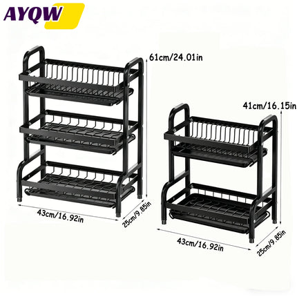Large 2-3 Tier Vertical Dish Rack/Utensil Holder, Kitchen Storage Rack with Quick Drainage System, Knife and Fork Holder, Cutting Board Storage, Drying Rack - Heavy-Duty Carbon Steel Multifunctional Utensil Organizer, Suitabl