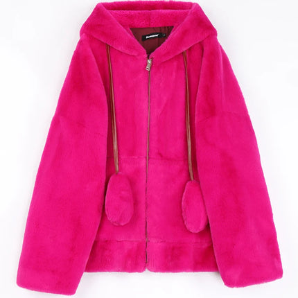 Nerazzurri Spring fluffy jacket with rabbit ears raglan sleeve zipper Oversize light soft harajuku kawaii faux fur hoodie 2021