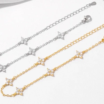 925 Silver Plated Cz Four-leaf Flower Bracelet for Women Girl Cute Dainty Adjustable Link Chain Bracelet Trend 18k Gold Jewelry