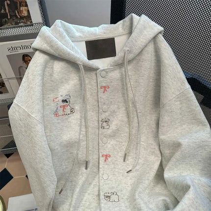Vintage Cute Dog Print Sweatshirt Open Cardigan Men Women Autumn Loose College Style Casual Match Hat Hoodie Jacket