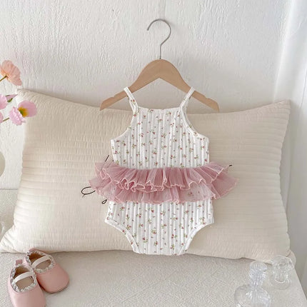INS Summer Baby Girl Floral Lace Stitching Lace Bow Sling Triangle Jumpsuit for Toddlers and Baby Girls Summer Outdoor Wear