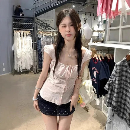 Pure Desire Pink Square Collar Short Sleeve Women's Shirt Summer Slim Fit Sweet And Spicy Girl High End Versatile Casual Waist C