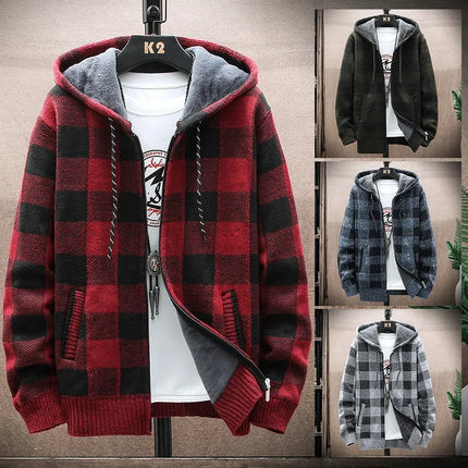 2023 Autumn/winter Fleece-lined Trendy Color Block Versatile Hooded Men's Cardigan Youth Outerwear Knitted Top For Men