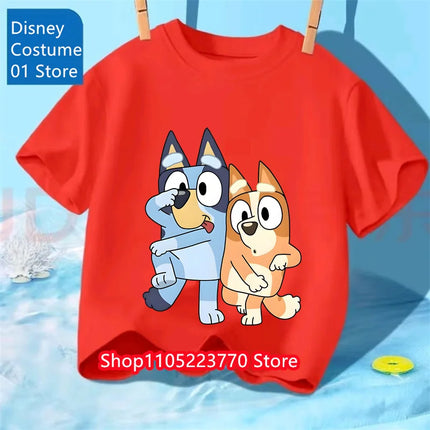 Kids Bluey Printed T-Shirt Autumn Winter Cartoon Short Sleeve Playwear Tee Comfortable Top for Boys Girls