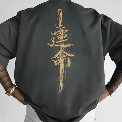 A men's short sleeved T-shirt made of pure cotton with a Japanese samurai sword pattern printed on it, regular style, fashionabl