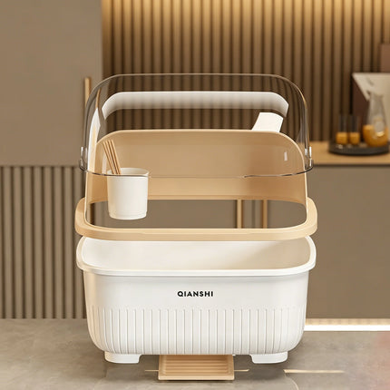 Dish Rack with Protective Cover - Space-Saving, Dust-Proof Kitchen Storage Cabinet with Chopstick Holder, Multifunctional Utensil Organizer with Drainage Board, Drainage Function, Suitable for Countertops and Cabinets, Dish R