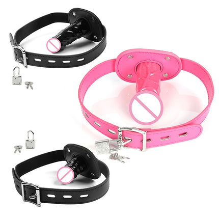 Leather Silicone Penis Mouth Ball Gag With Lock Bondage Restraints Oral Dildo Plug Harness For Couple Sex Game Sex Toy