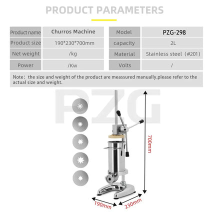 Stainless Steel 2L Manual Churros Churrera Maker Churro Making Machine For Snack And Dessert Shop