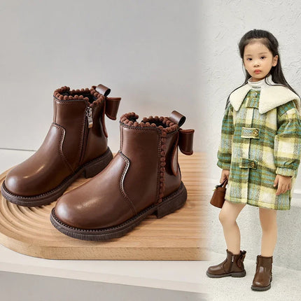 Girls Ankle Boots with Back Bow-knot Kids Short Boots Soft Sole 2025 New Girls' Princess Leather Boots with Warm Cotton Side Zip