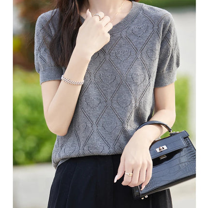 New Summer Fashion 100% Pure Cotton Women's Sweater Short sleeved Casual O-neck Pullover T-shirt Loose Knitted Hollow Top