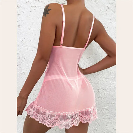 Sexy Sleepwear Deep-V Night Dress Women Nightgown Lace See-Through Nightie Lingerie Sleeveless Mini Dress Exotic Nightdress