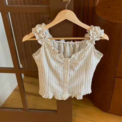 Korean Sle ort Striped Vest Women Summer Outerwear Subtle Design Single Button Lobone Trendy Age-Defng Top