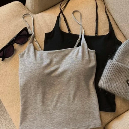 New Women's Slim Fit Tank Top Pure Color Summer Outerwear with Chest Pad Bal Base irt Sli Versatile Casual Wear