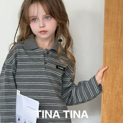 SeasonSea Girls Striped Cotton Sweatshirt Autumn Winter Kids Polo Collar Pullover Long Sleeve Tops Casual Children Clothes