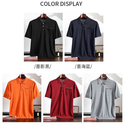 Spring and Summer New Polo Collar 100% Fine Wool Short Sleeve Men's Business Casual T-Shirt with Turn-down Collar and Pocket