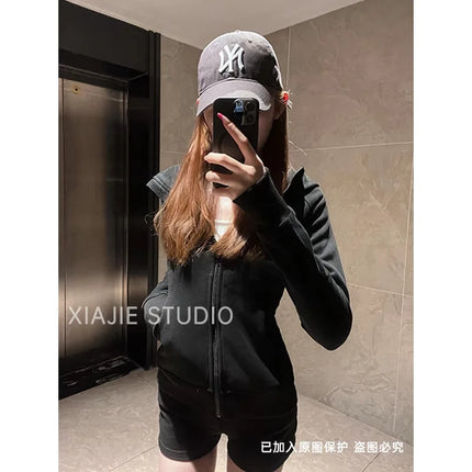 Floral Grey Women's Zipper Hoodie Slim Fit Long Sleeve Casual Spring 2026 Korean Style Comfortable Leisure Fashion