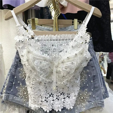 Women's Clothing Heavy Beaded Floral Tank Sexy Crop Tops Ropa Mujer Lace Butterfly Top Navel-Baring Sexy Cropped Top Summer Camis