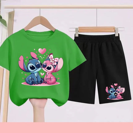 Kids Disney Stitch Print Summer Cute Breathable Tees + Shorts 2pcs 3-12 Years Boy Girls Round-neck Set Children Leisure Clothing