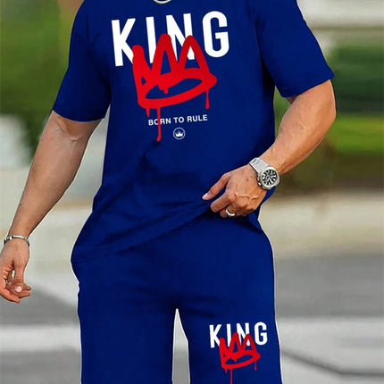 New Men's Short Sleeve Shorts Set Fashion King Printed T-Shirt Shorts 2 Sets of Casual Round Neck Jumper Breathable Sportswear