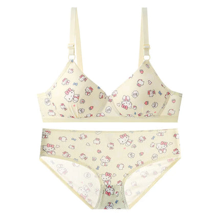 Sanrio Hello Kitty Underwear Kawaii Cartoon Girls Sexy Bra No Wire Push Up Underwear Woman Sports Shockproof Bra Pants