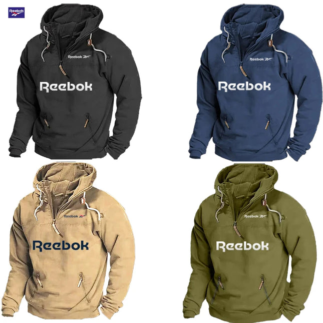 Reebok Men's Spring/Autumn Hooded Sweatshirt, Retro Sports Style, Loose Casual Top, Solid Color with Multiple Zippers Design