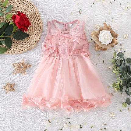 Summer Girls' Dress With Mesh And Sweet Petals, Korean Cute Baby Girl Dress (0-3 Years Old)