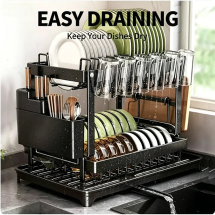 Metal 2 Tier Dish Drainer Rack Kitchen Countertop Tableware Organizer With Removable Drip Tray For Home Daily Use