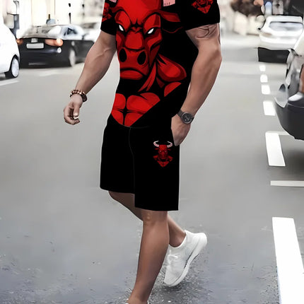 Hot selling men's breathable casual short sleeved shorts set 3D printed outdoor urban street top shorts casual two-piece set