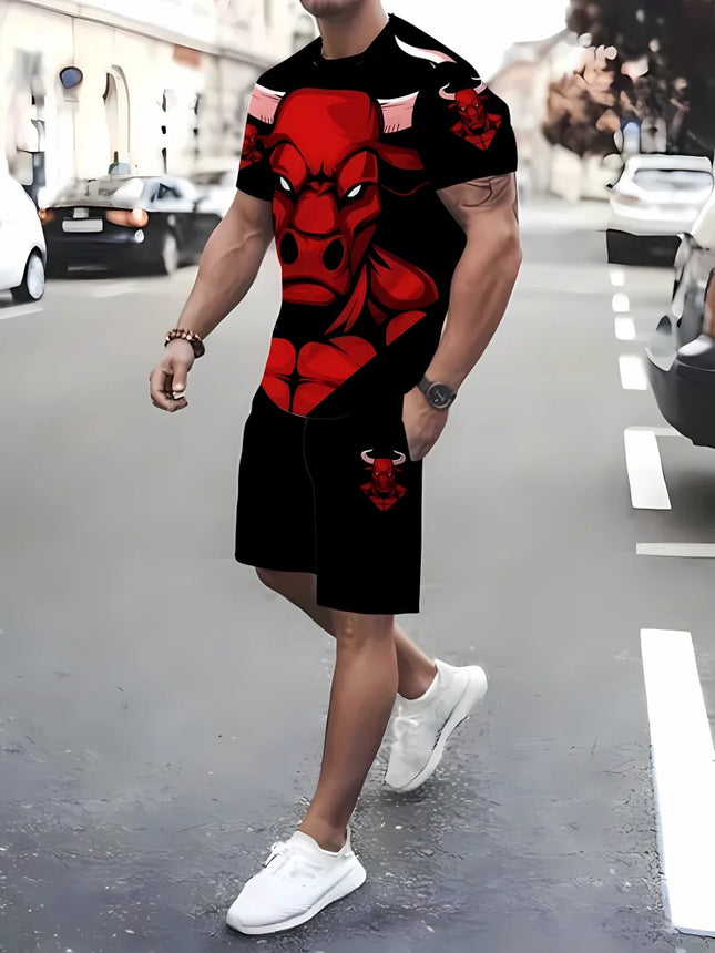 Hot selling men's breathable casual short sleeved shorts set 3D printed outdoor urban street top shorts casual two-piece set