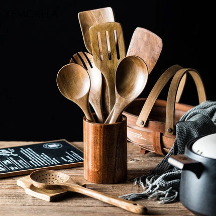 4/7/9PCS Wooden Spoons For Cooking Wooden Utensils For Cooking With Utensils Holder Teak Wooden Kitchen Utensils Set