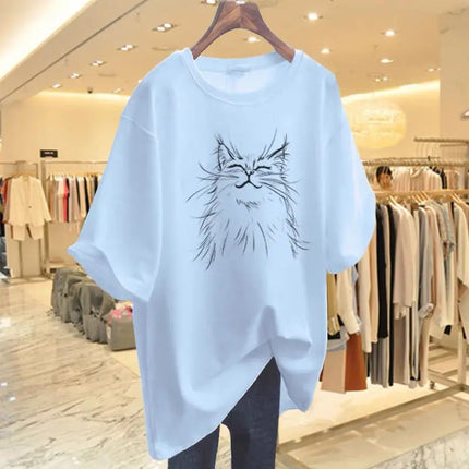 Women Fashion Cat Animal Printing T-shirt Summer Cotton O-Neck Short Sleeve Basic Top Tee Office Lady Casual Loose Pullover M-6XL