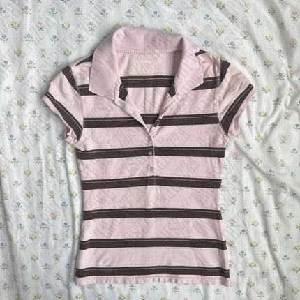 Stripes Maiden Chic Vintage Sweet Clothing Y2K Elegant Women's T-shirts Cute Slim Aesthetic Polo Tops Classic Harajuku Fashion Tee