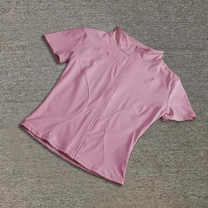 Summer High Quality Waist Slimming Training Tops Women's Quick-drying Tight Stand Collar Full Zipper Short Sleeves Yoga shirts