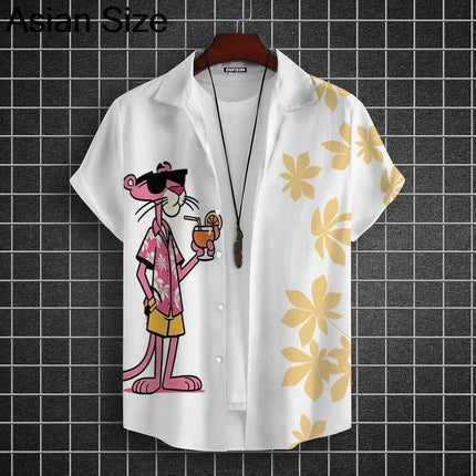 Cartoon Leopard Graphic Men Short Sleeve Lapel Shirt Tops Unisex Pink Button-Down Hawaiian Shirts Summer Daily Female Blouses