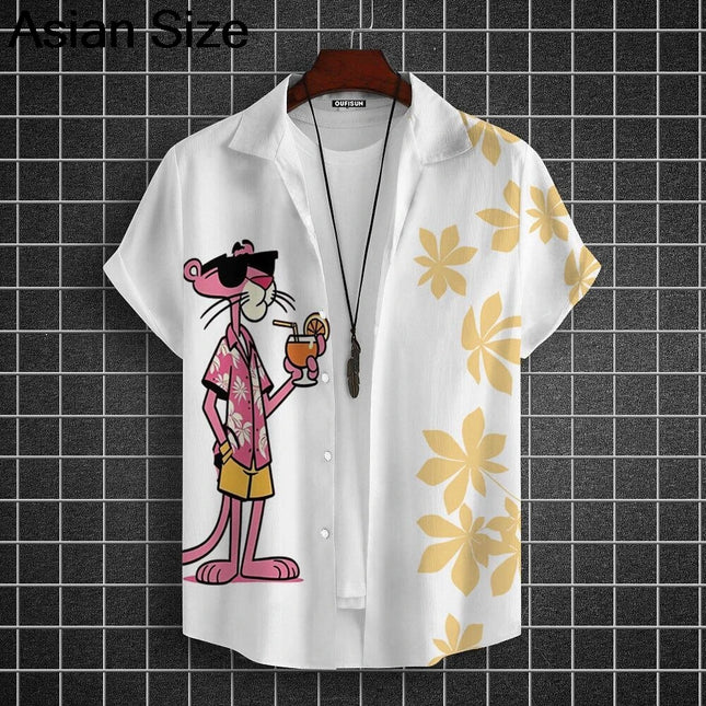 Cartoon Leopard Graphic Men Short Sleeve Lapel Shirt Tops Unisex Pink Button-Down Hawaiian Shirts Summer Daily Female Blouses