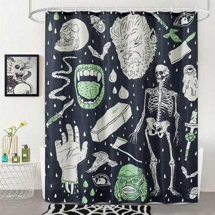 Y2K Vintage Halloween Shower Curtain Set Blush, Heavy Duty Waffle Fabric, Creepy Gothic Skeleton Skulls Bats Fun Cute