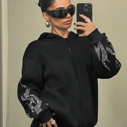 Autumn and Winter Y2K Trend Street Flame Hot Drill Loose Zip Hooded Sweater Men and Women Couple Foreign Trade Wholesale