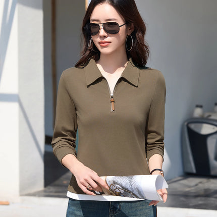 False Two-piece Design Polo Collar Shirt Women's Long Sleeve Cotton T-Shirt Solid Color Business Casual Blend Top Fashion Style