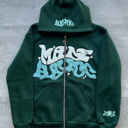 Zipper hooded sweatshirt with retro American letters suitable for men and women wearing Y2K jacket autumn/winter cardigan