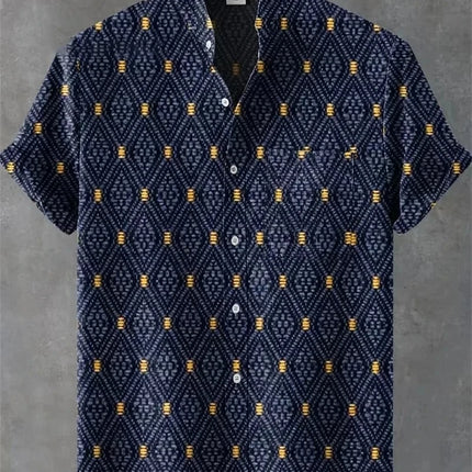 New men's short sleeved linen shirt with geometric pattern 3D printing, Hawaii casual vacation fashion lapel button top