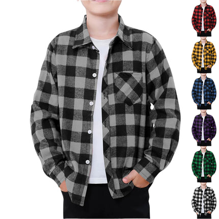 Children Stylish Flannel Shirt Trend Plaid Design Single Breasted Casual Lapel Shirt Boy Spring Outdoor Daily Soft Cozy Top