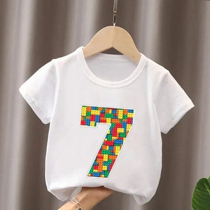 Summer Cotton Children's T-Shirt Building Blocks Bricks Print Number Cartoon Kid 2-9Y Birthday Funny Baby Tee Top Boy Girl Clothes