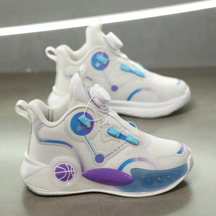 Children Basketball Shoes Boys Sports Comfortable Non Slip Flat Fitness Shoes 2025 New Rotating Button Sports Sneakers for Kids
