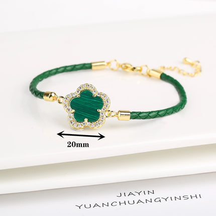 Classic Genuine Leather Woven Natural Stone Five Leaf Flower Charm Bracelet Fashion for Women Girls Party Wedding Jewelry Gift