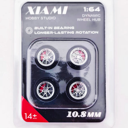 1 Set 10.8mm 1/64 Model Car Wheels for HW Ball Bearing Tires with Brake Disc Caliper Axles Rims for 1:64 Toy Models Tomica JDM