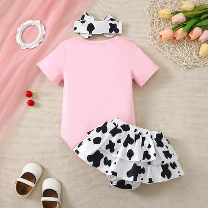 3PCS Cute Cow Pattern Baby Girl Clothes Set Short Sleeve Bodysuit+Short Skirt+Headband Summer Daily Wear for 1-18 Months Toddler
